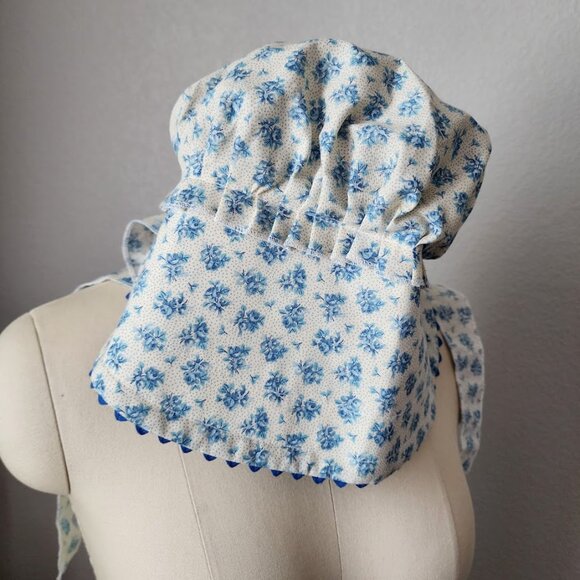 VINTAGE Prairie Cottagecore Blue Floral Sun Bonnet Hat with Ruffle Ties NEW - Picture 5 of 10